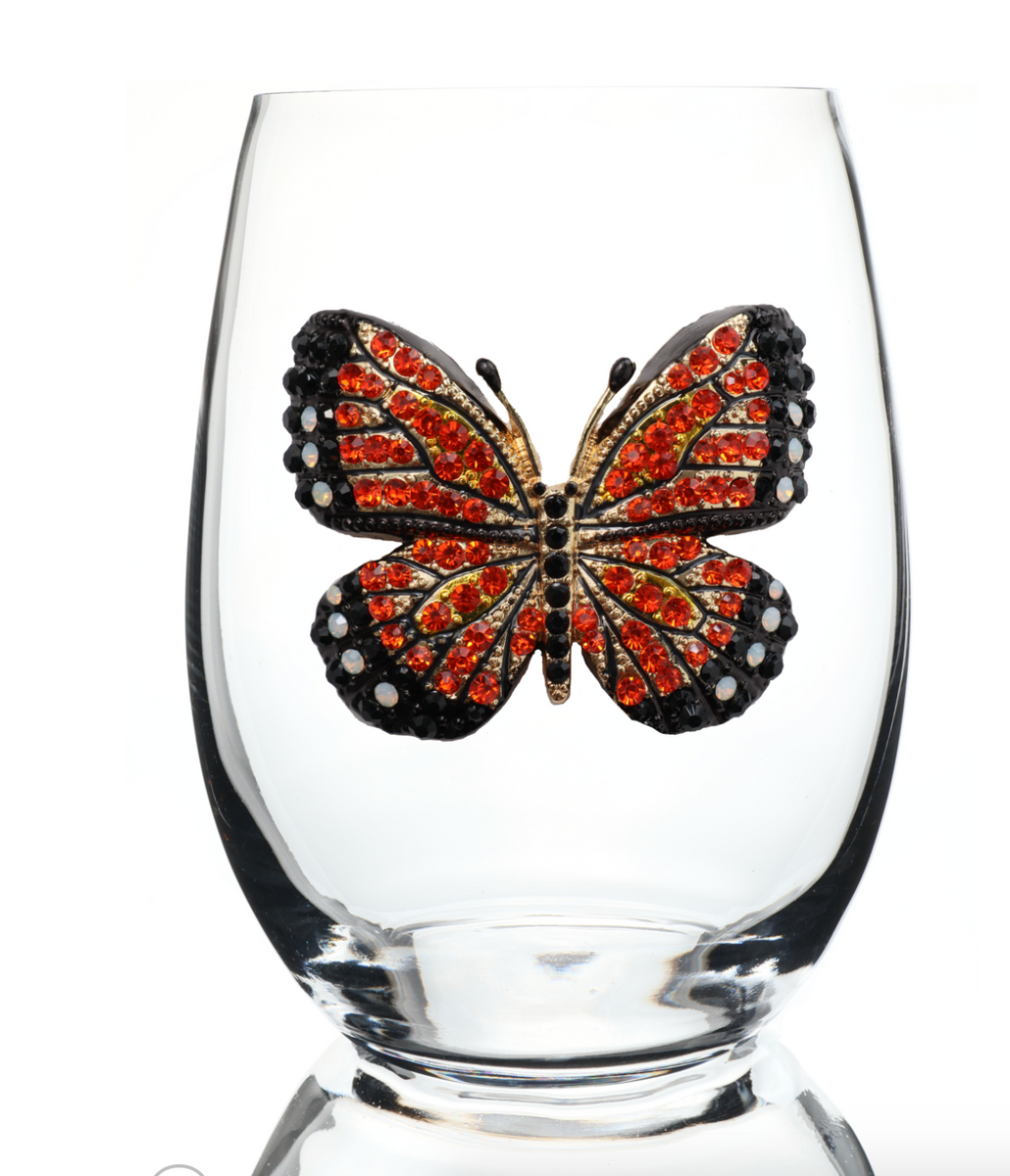 Monarch Butterfly Jeweled Stemless Wine Glass