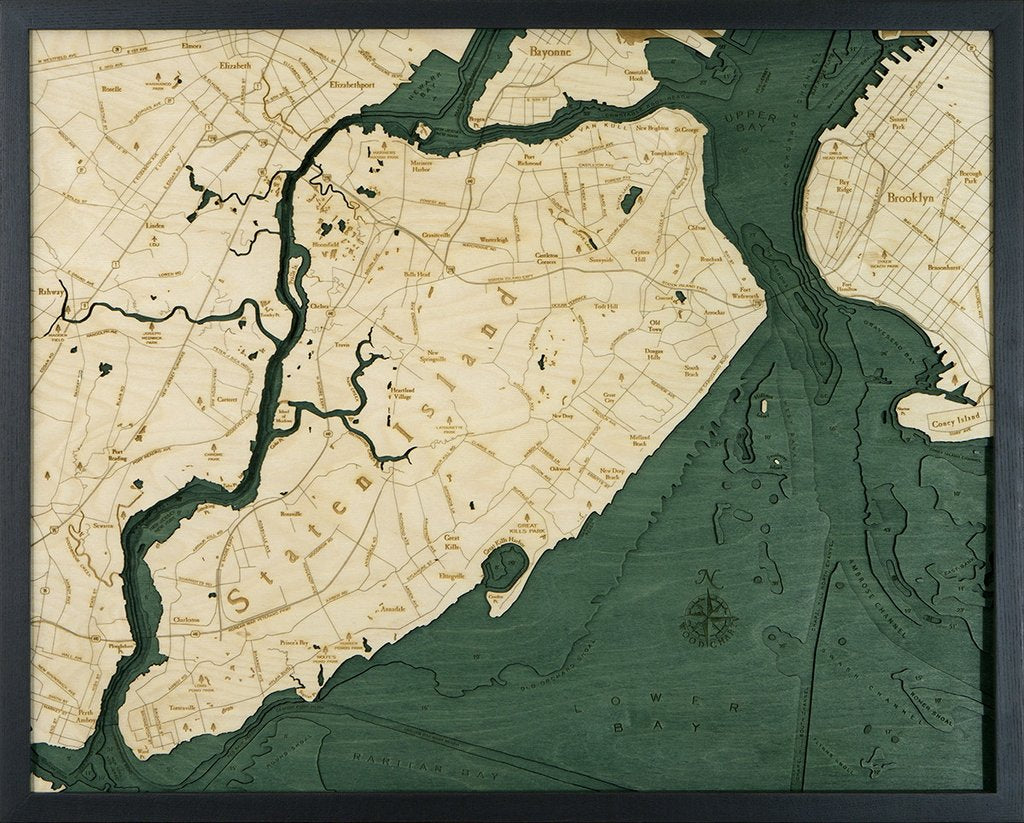 New York: Nautical Wood Map: Staten Island