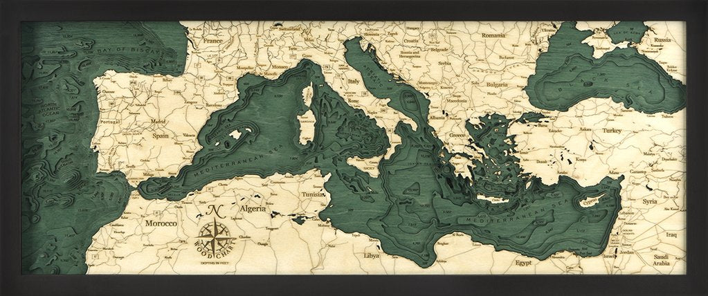 Nautical Wood Map: Mediterranean Sea