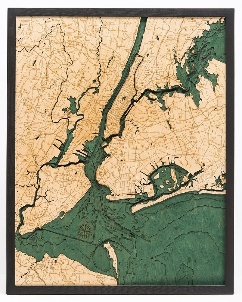 New York: Nautical Wood Map: 5 Boroughs of New York