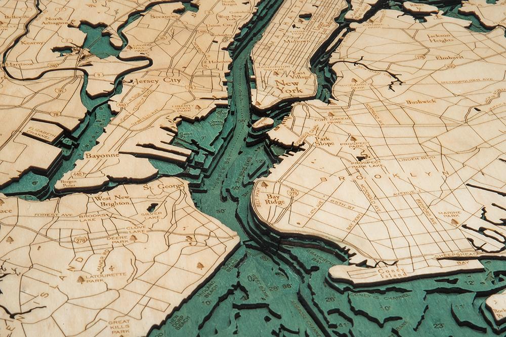 New York: Nautical Wood Map: 5 Boroughs of New York